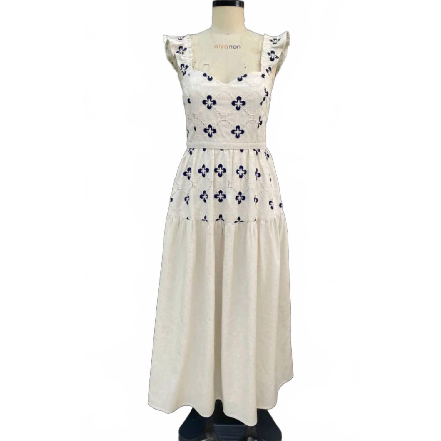 New Moon River Women's Jessica Ruffle Sleeve Midi Dress In Ivory/ Navy